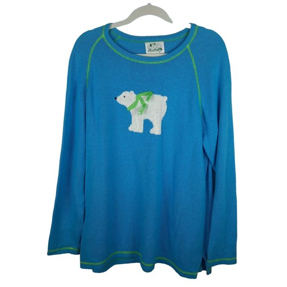 Quacker Factory Polar Bear Scarf Sweater Blue Green - Picture 2 of 6